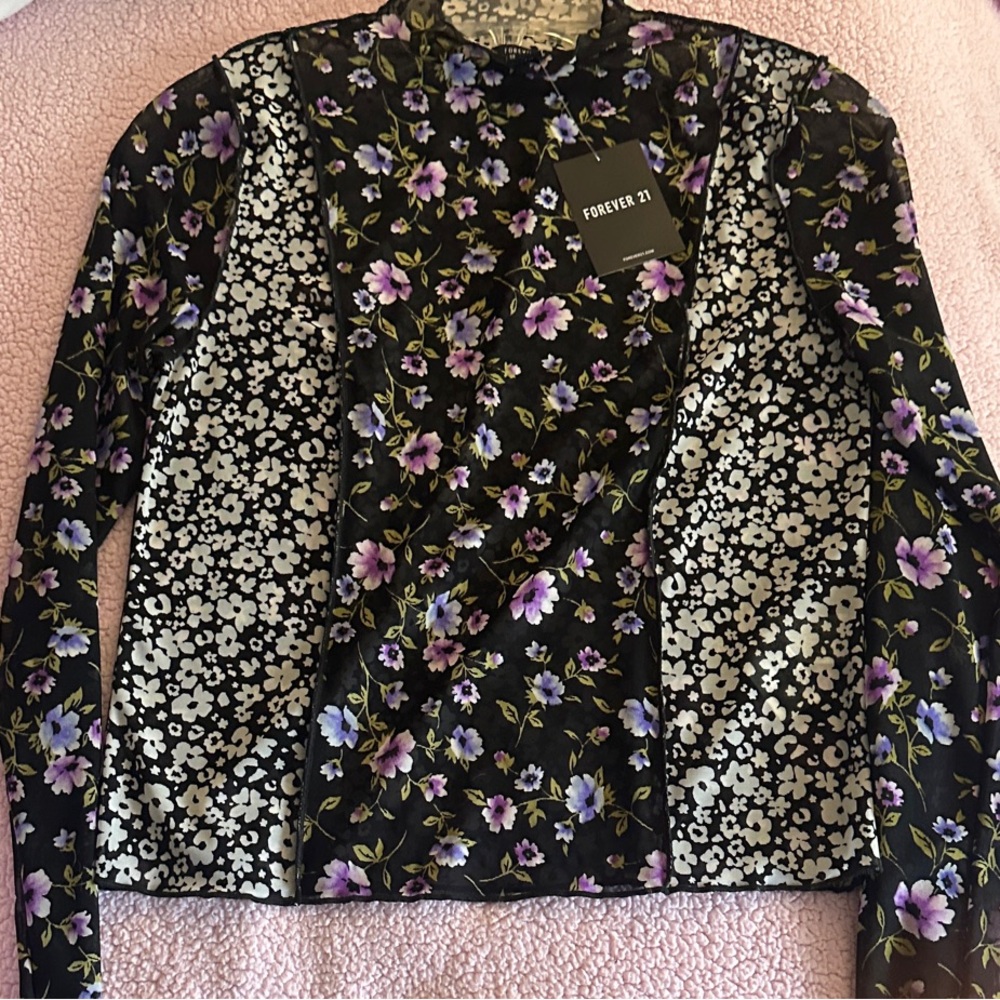 Forever 21 Black and Purple Floral Sheer Blouse